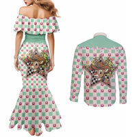 Western Yoke Couples Matching Mermaid Dress and Long Sleeve Button Shirt Rudolph Cowboy Christmas Retro Style - Wonder Print Shop