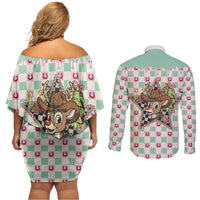 Western Yoke Couples Matching Off Shoulder Short Dress and Long Sleeve Button Shirt Rudolph Cowboy Christmas Retro Style - Wonder Print Shop