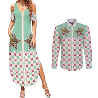 Western Yoke Couples Matching Summer Maxi Dress and Long Sleeve Button Shirt Rudolph Cowboy Christmas Retro Style - Wonder Print Shop