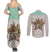 Western Yoke Couples Matching Summer Maxi Dress and Long Sleeve Button Shirt Rudolph Cowboy Christmas Retro Style - Wonder Print Shop