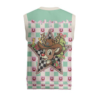 Western Yoke Christmas Knitted V-Neck Vest Rudolph Cowboy Christmas Retro Style - Wonder Print Shop