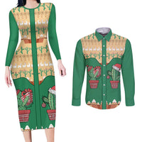 Western Yoke Couples Matching Long Sleeve Bodycon Dress and Long Sleeve Button Shirt Cactus Christmas Cute Style - Wonder Print Shop