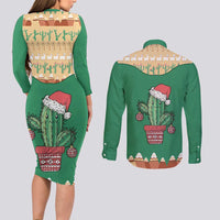 Western Yoke Couples Matching Long Sleeve Bodycon Dress and Long Sleeve Button Shirt Cactus Christmas Cute Style - Wonder Print Shop