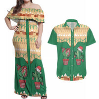 Western Yoke Couples Matching Off Shoulder Maxi Dress and Hawaiian Shirt Cactus Christmas Cute Style - Wonder Print Shop