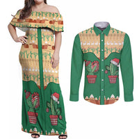 Western Yoke Couples Matching Off Shoulder Maxi Dress and Long Sleeve Button Shirt Cactus Christmas Cute Style - Wonder Print Shop