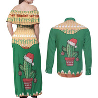 Western Yoke Couples Matching Off Shoulder Maxi Dress and Long Sleeve Button Shirt Cactus Christmas Cute Style - Wonder Print Shop