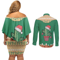Western Yoke Couples Matching Off Shoulder Short Dress and Long Sleeve Button Shirt Cactus Christmas Cute Style - Wonder Print Shop