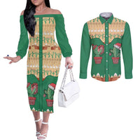 Western Yoke Couples Matching Off The Shoulder Long Sleeve Dress and Long Sleeve Button Shirt Cactus Christmas Cute Style - Wonder Print Shop