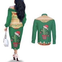 Western Yoke Couples Matching Off The Shoulder Long Sleeve Dress and Long Sleeve Button Shirt Cactus Christmas Cute Style - Wonder Print Shop
