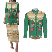 Western Yoke Couples Matching Puletasi and Long Sleeve Button Shirt Cactus Christmas Cute Style - Wonder Print Shop