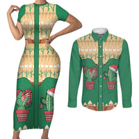 Western Yoke Couples Matching Short Sleeve Bodycon Dress and Long Sleeve Button Shirt Cactus Christmas Cute Style - Wonder Print Shop