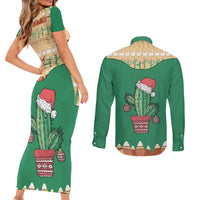 Western Yoke Couples Matching Short Sleeve Bodycon Dress and Long Sleeve Button Shirt Cactus Christmas Cute Style - Wonder Print Shop