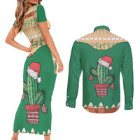 Western Yoke Couples Matching Short Sleeve Bodycon Dress and Long Sleeve Button Shirt Cactus Christmas Cute Style - Wonder Print Shop
