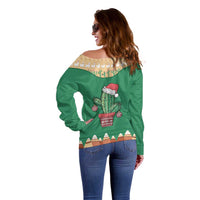 Western Yoke Off Shoulder Sweater Cactus Christmas Cute Style - Wonder Print Shop