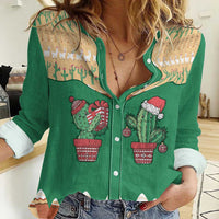 Western Yoke Women Casual Shirt Cactus Christmas Cute Style - Wonder Print Shop