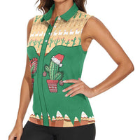 Western Yoke Women Sleeveless Polo Shirt Cactus Christmas Cute Style - Wonder Print Shop