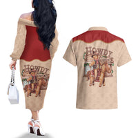 Western Yoke Couples Matching Off The Shoulder Long Sleeve Dress and Hawaiian Shirt Gingerbread Howdy Christmas - Wonder Print Shop