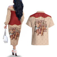 Western Yoke Couples Matching Off The Shoulder Long Sleeve Dress and Hawaiian Shirt Gingerbread Howdy Christmas - Wonder Print Shop
