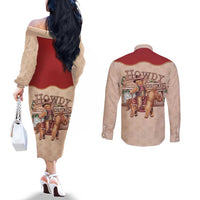 Western Yoke Couples Matching Off The Shoulder Long Sleeve Dress and Long Sleeve Button Shirt Gingerbread Howdy Christmas - Wonder Print Shop