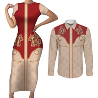 Western Yoke Couples Matching Short Sleeve Bodycon Dress and Long Sleeve Button Shirt Gingerbread Howdy Christmas - Wonder Print Shop