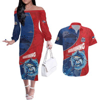 Dominican Republic Fishing Couples Matching Off The Shoulder Long Sleeve Dress and Hawaiian Shirt Caribbean Master Baiter - Wonder Print Shop