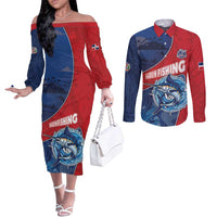Dominican Republic Fishing Couples Matching Off The Shoulder Long Sleeve Dress and Long Sleeve Button Shirt Caribbean Master Baiter - Wonder Print Shop