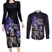 Skull Couples Matching Long Sleeve Bodycon Dress and Long Sleeve Button Shirt Mentally Ill But Totally Chill
