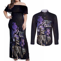 Skull Couples Matching Off Shoulder Maxi Dress and Long Sleeve Button Shirt Mentally Ill But Totally Chill
