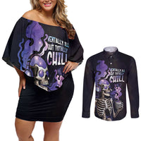 Skull Couples Matching Off Shoulder Short Dress and Long Sleeve Button Shirt Mentally Ill But Totally Chill