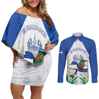 Personalized El Salvador Couples Matching Off Shoulder Short Dress and Long Sleeve Button Shirt Torogoz Bird Map