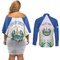 Personalized El Salvador Couples Matching Off Shoulder Short Dress and Long Sleeve Button Shirt Torogoz Bird Map