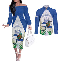 Personalized El Salvador Couples Matching Off The Shoulder Long Sleeve Dress and Long Sleeve Button Shirt Torogoz Bird Map