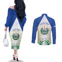 Personalized El Salvador Couples Matching Off The Shoulder Long Sleeve Dress and Long Sleeve Button Shirt Torogoz Bird Map
