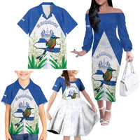 Personalized El Salvador Family Matching Off The Shoulder Long Sleeve Dress and Hawaiian Shirt Torogoz Bird Map