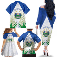 Personalized El Salvador Family Matching Off The Shoulder Long Sleeve Dress and Hawaiian Shirt Torogoz Bird Map