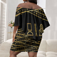 Egyptian God Ptah Off Shoulder Short Dress Gold Mummy Wrap Hieroglyphics Patterns