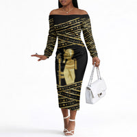 Egyptian God Ptah Off The Shoulder Long Sleeve Dress Gold Mummy Wrap Hieroglyphics Patterns