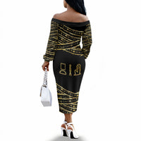 Egyptian God Ptah Off The Shoulder Long Sleeve Dress Gold Mummy Wrap Hieroglyphics Patterns