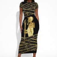 Egyptian God Ptah Short Sleeve Bodycon Dress Gold Mummy Wrap Hieroglyphics Patterns