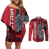 Personalized Austria Couples Matching Off Shoulder Short Dress and Long Sleeve Button Shirt Black Eagle Badge With Patterns - Wonder Print Shop