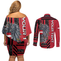 Personalized Austria Couples Matching Off Shoulder Short Dress and Long Sleeve Button Shirt Black Eagle Badge With Patterns - Wonder Print Shop