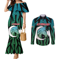 Personalized Azerbaijan Couples Matching Mermaid Dress and Long Sleeve Button Shirt Karabakh Horse Tattoo - Wonder Print Shop