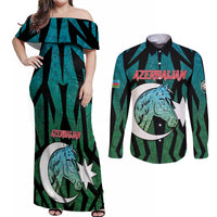 Personalized Azerbaijan Couples Matching Off Shoulder Maxi Dress and Long Sleeve Button Shirt Karabakh Horse Tattoo - Wonder Print Shop