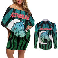 Personalized Azerbaijan Couples Matching Off Shoulder Short Dress and Long Sleeve Button Shirt Karabakh Horse Tattoo - Wonder Print Shop