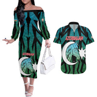 Personalized Azerbaijan Couples Matching Off The Shoulder Long Sleeve Dress and Hawaiian Shirt Karabakh Horse Tattoo - Wonder Print Shop
