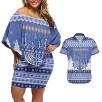 Hanukkah Christmas Couples Matching Off Shoulder Short Dress and Hawaiian Shirt Love And Lights - Wonder Print Shop