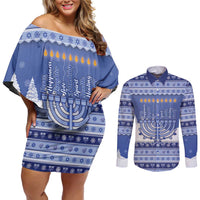 Hanukkah Christmas Couples Matching Off Shoulder Short Dress and Long Sleeve Button Shirt Love And Lights - Wonder Print Shop