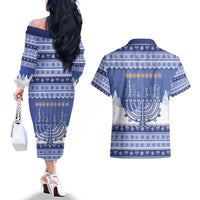 Hanukkah Christmas Couples Matching Off The Shoulder Long Sleeve Dress and Hawaiian Shirt Love And Lights - Wonder Print Shop