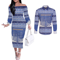 Hanukkah Christmas Couples Matching Off The Shoulder Long Sleeve Dress and Long Sleeve Button Shirt Love And Lights - Wonder Print Shop