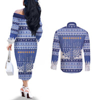 Hanukkah Christmas Couples Matching Off The Shoulder Long Sleeve Dress and Long Sleeve Button Shirt Love And Lights - Wonder Print Shop